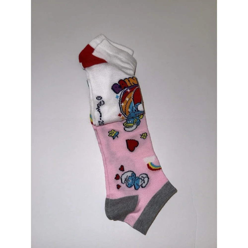 Smurfs Adult 2 Pair Ankle Socks 7-12 Cartoon Fun Gift Pink White Novelty NEW